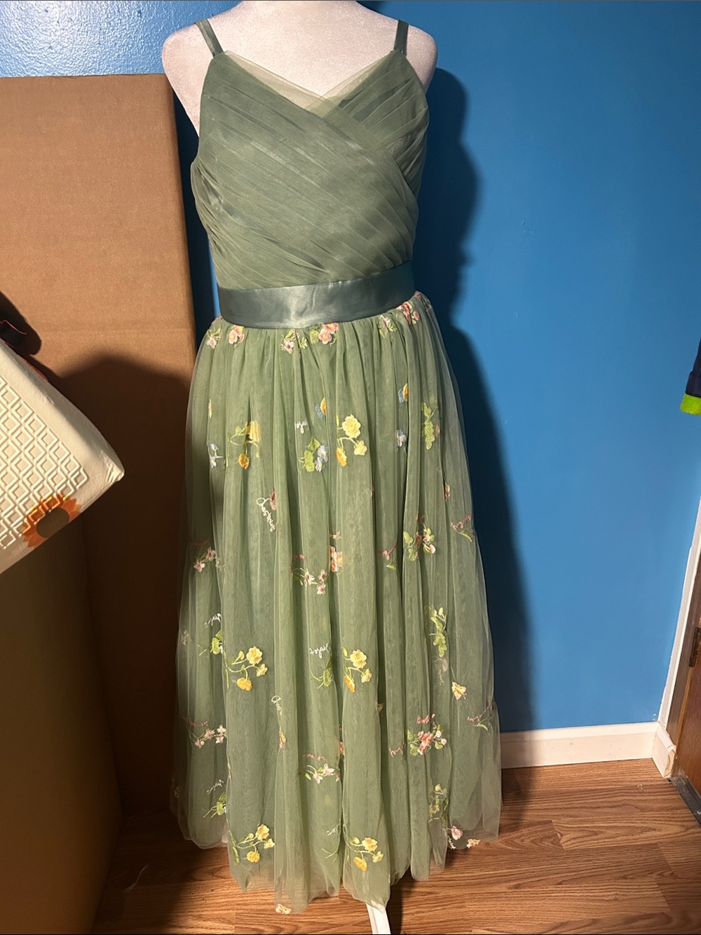 Olive Green Embroidered Tulle Maxi Dress